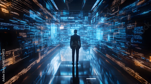 Navigating the Digital Labyrinth: Silhouette of an individual stands at the entrance of an awe-inspiring digital gateway, where data streams illuminate an ethereal corridor.