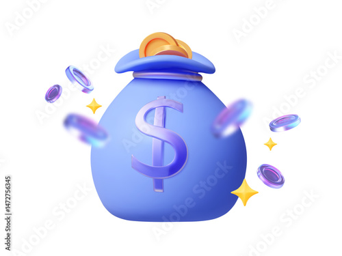 3D illustration of a blue money bag featuring a dollar sign, filled with golden coins. Holographic coins and golden stars float around it, symbolizing wealth, investment, and financial success.