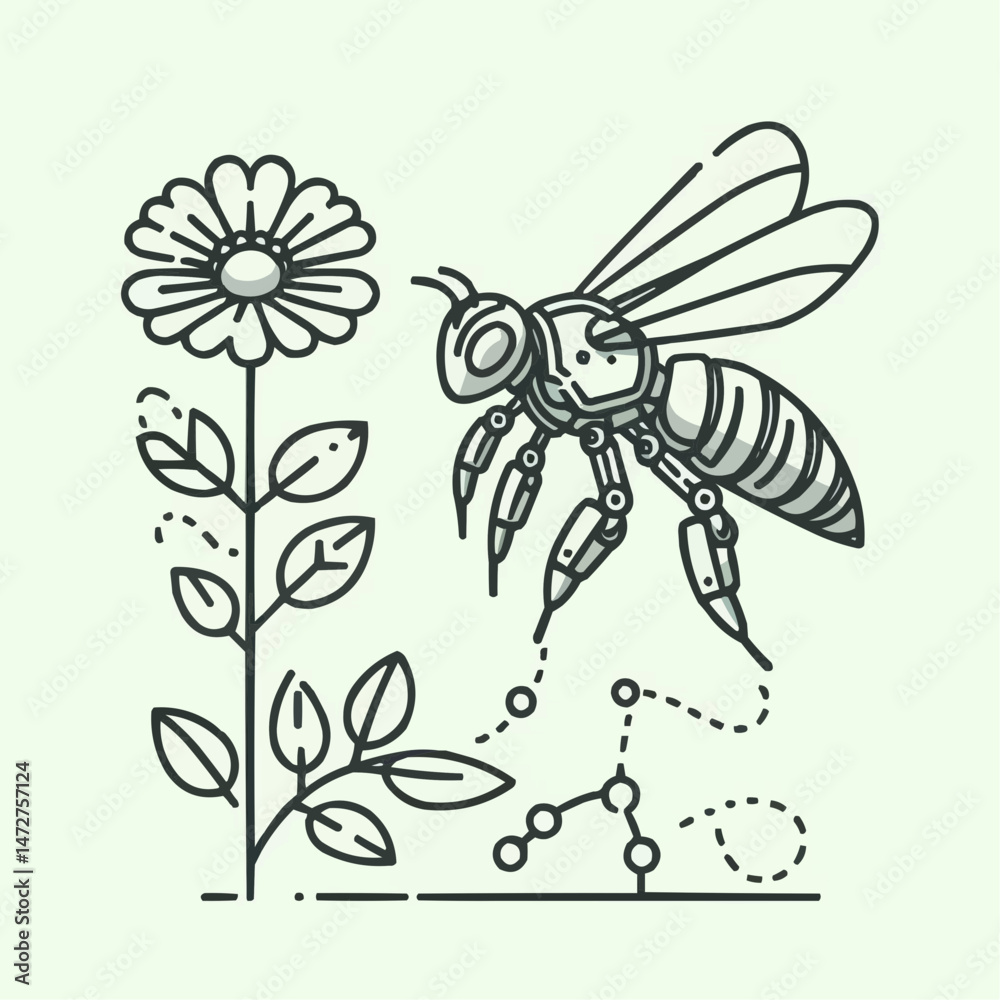 Obraz premium Symbiosis of nature and technology, robotic bee pollinating flower, eco-friendly design, innovative illustration