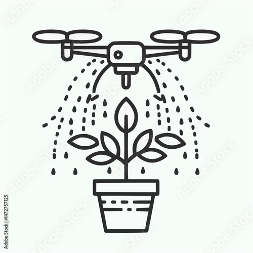 Drone watering plant, nature and technology integration, eco-friendly concept, modern agricultural illustration
