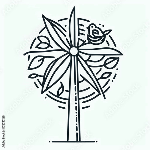Nature and technology, wind turbine with bird and leaves, eco-friendly design, sustainability concept
