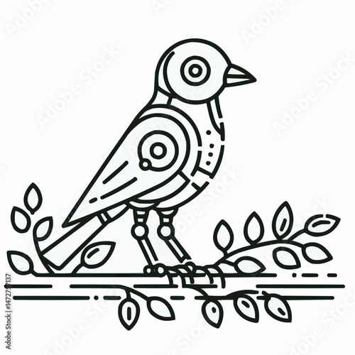 Symbiosis of nature and technology, robotic bird on branch, eco-friendly design, artistic illustration