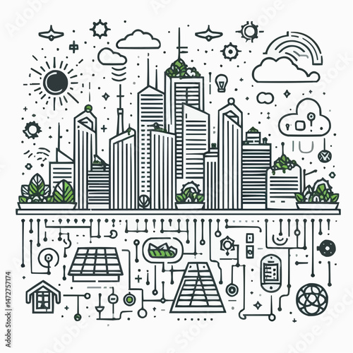 Symbiosis of nature and technology, futuristic cityscape, renewable energy and green innovation, detailed illustration