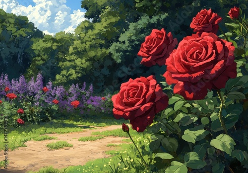 Lush Green Garden with Vibrant Red Roses and Purple Flowers Under a Blue Sky with Soft Clouds in a Sunny Day Setting