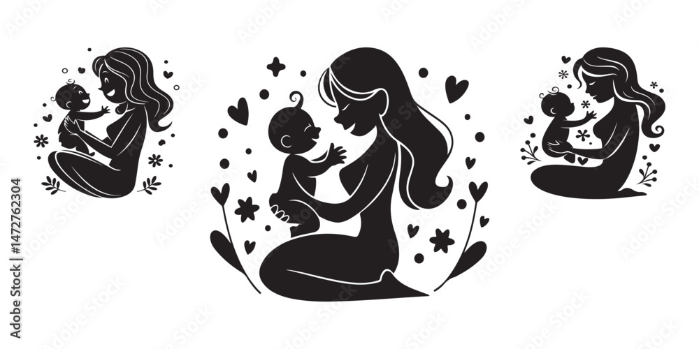 Naklejka premium Mom and son, mother and son black silhouette