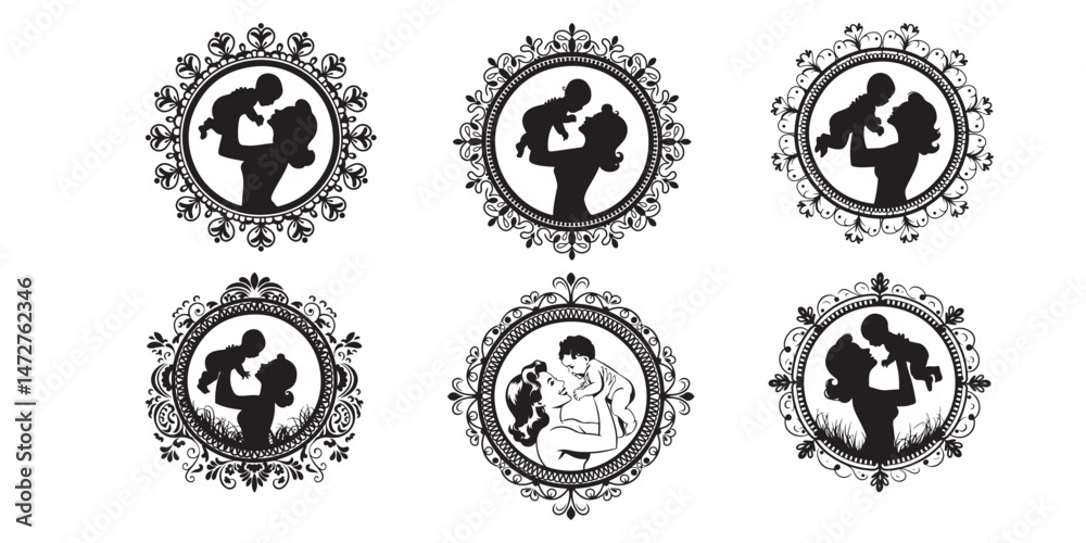 Obraz premium Mom and son, mother and son black silhouette