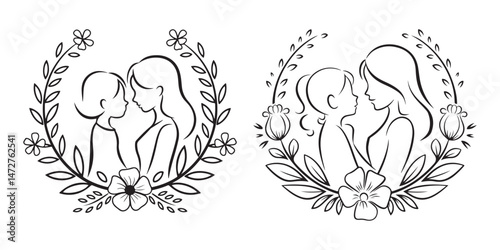 Mom and son, mother and son black silhouette