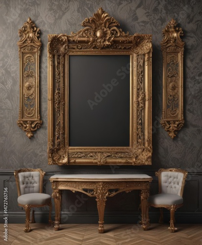 Luxurious damask with assorted vintage picture frames,  shapes,  frame collection,  art