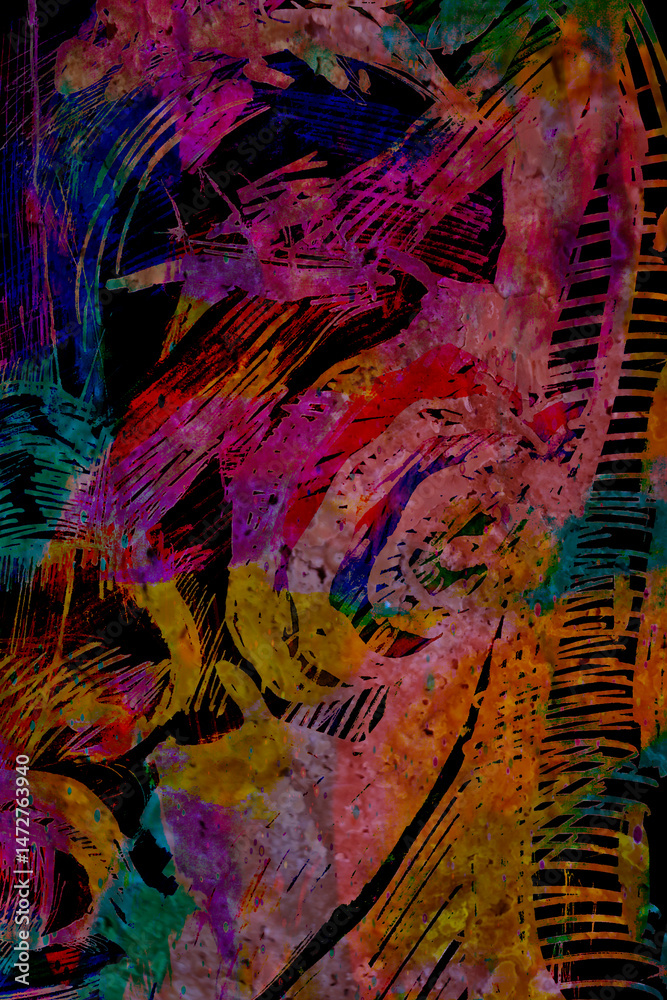 Fototapeta premium Close-up of painterly textures on a wooden surface with thick brushstrokes of metallic gold, crimson red, and icy blue. The image captures tactile depth and artistic layering, emphasizing raw material
