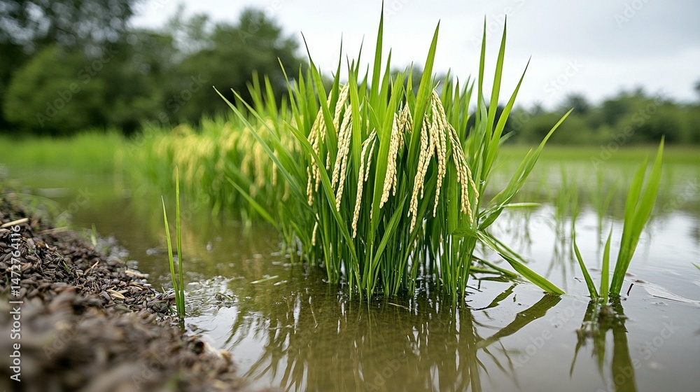 Obraz premium Young rice plants in a flooded paddy field, showing light yellow grains