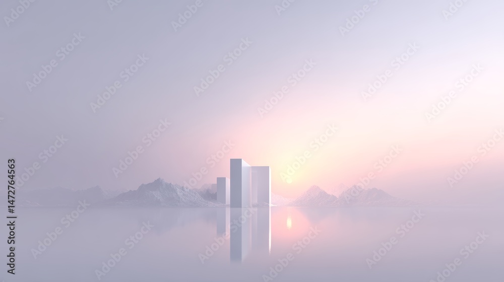 Fototapeta premium Futuristic minimalist towers reflecting in dreamy pastel sunrise over peaceful water and mountains