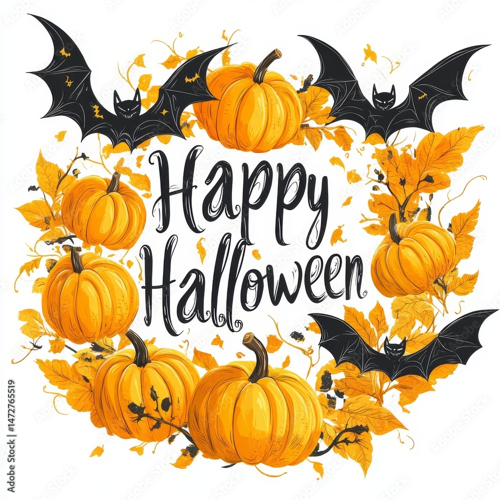 A Happy Halloween greeting is presented in a festive manner, with orange cursive writing, a carved pumpkin, and two bats A Happy Halloween greeting is presented in a festive manner, with orange cursive writing, a carved pumpkin, and two bats
