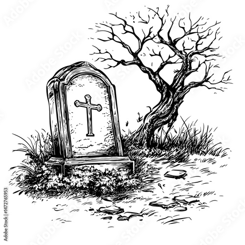 vector drawing sketch of grave on white background .Generative AI