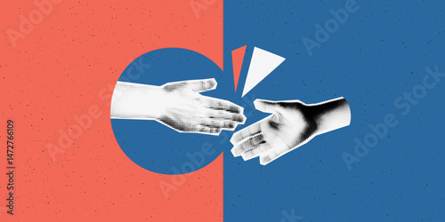Merger and acquisition concept. Collage banner with halftone hands reaching out to each other on puzzle background. Handshake, partnership, cooperation, success deal. Modern retro vector illustration
