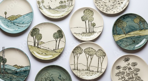 手描き風景 陶器皿 静謐な色彩 優雅なデザイン (Teduki fuukei touki sara shijimitsu na shoku sai yuuna dezain) Translation: Hand-painted landscape ceramic plates, serene colors, elegant design.. AI Generated