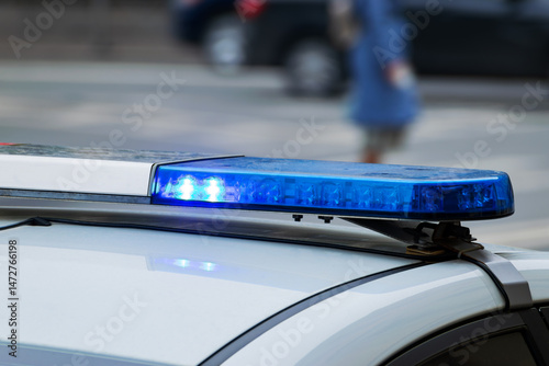 working red blue flashing light on police car. emergency service