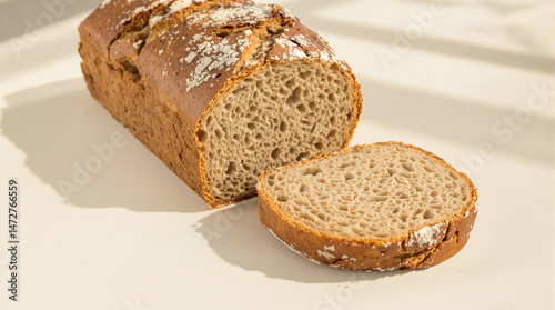 Slice of bread is cut in half and sits on a white table