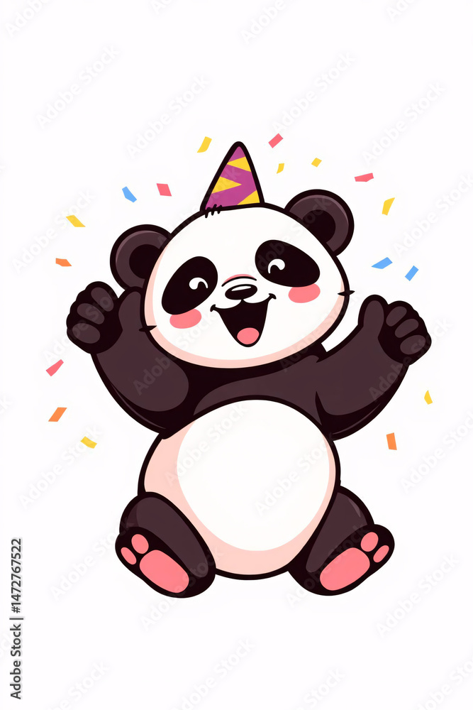 Naklejka premium Cute panda wearing a party hat with confetti, celebrating a joyful and festive occasion.