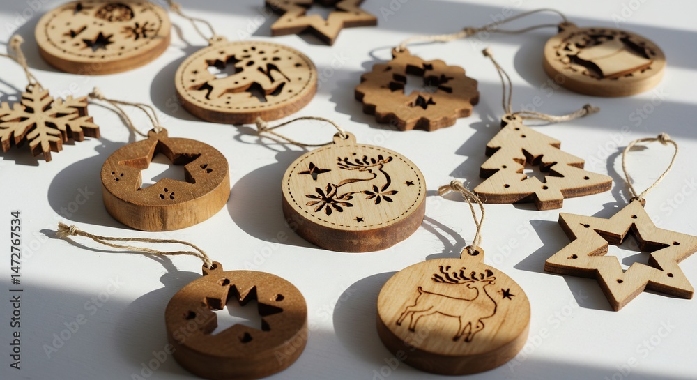 Obraz premium 木彫りのクリスマスオーナメント 繊細な影が美しい光と影の共演. AI Generated