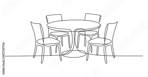 Simple Line Drawing of a Round Table with Four Chairs Minimalist Home Decor Illustration