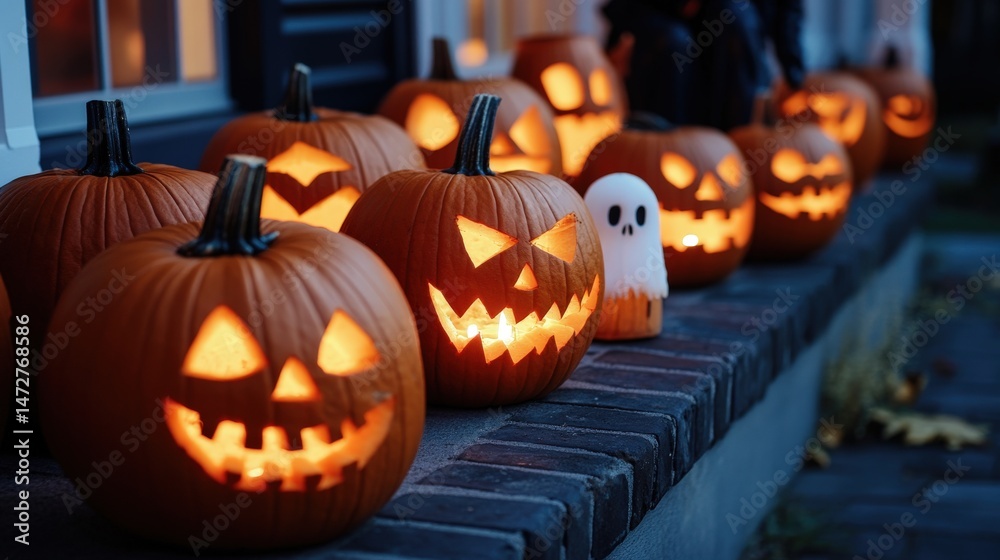 Fototapeta premium Illuminated carved pumpkins line a brick porch at dusk.