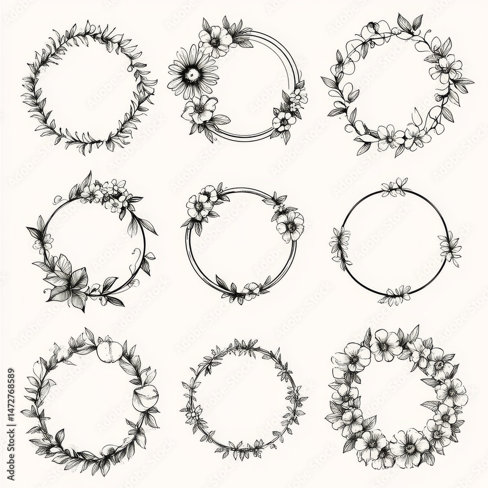 Obraz premium A collection of decorative floral frames boasts an assortment of designs that incorporate flowers and leaves around circular and rectangular shapes