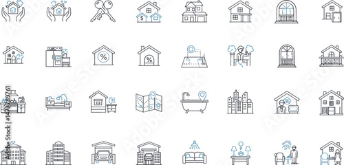 Real estate line icons, such as house, kitchen, bedroom, bathroom and more