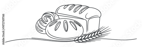 Line art illustration of bread loaf round bun and wheat