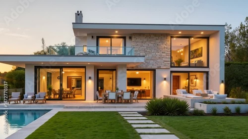 Modern villa with a pool at sunset  