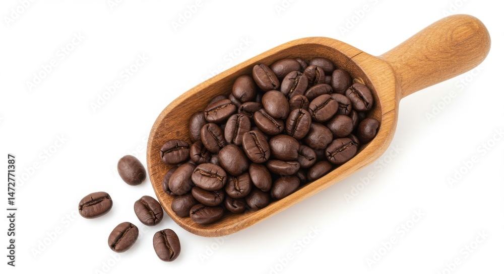 Fototapeta premium Wooden scoop filled with roasted coffee beans and some beans scattered on a white background space