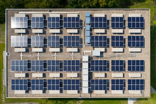 Aerial View of a Large-Scale Solar Panel Installation on a Flat Roof