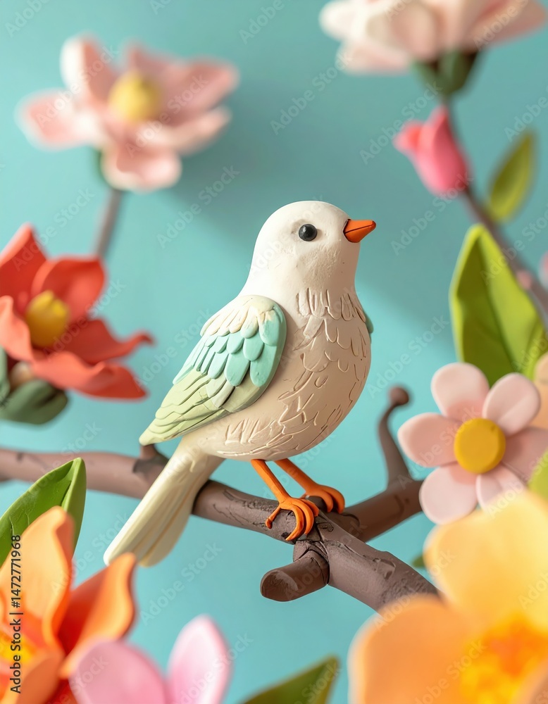 Obraz premium Colorful clay bird in floral setting with pastel flowers on branch
