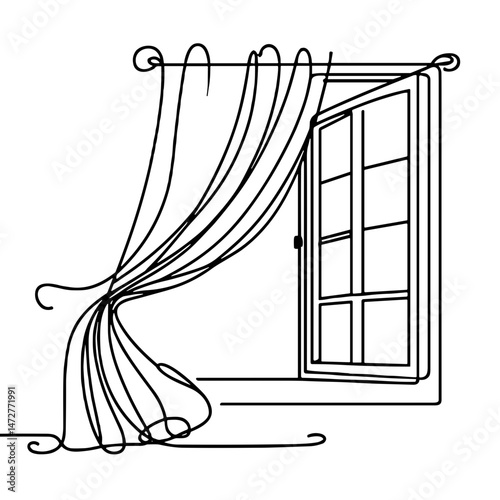 Minimalist line art of a window with flowing curtains  