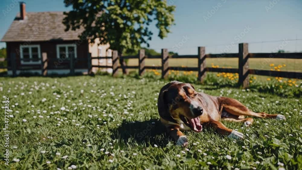loop video Gentle canine companion with multi-toned fur casually reclining on green ground cover beside a dwelling in a non-urban location during favorable weather, capturing the relaxed and nature