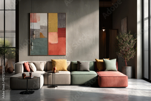 Modern living room with modular sofa and abstract wall art