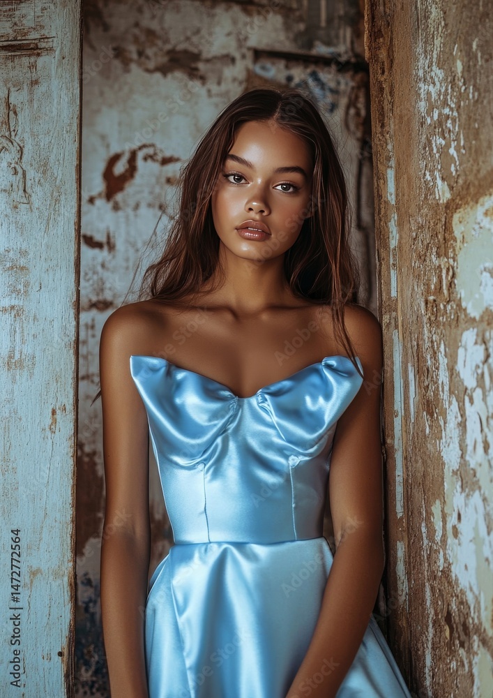 Fototapeta premium female attractive model in ice blue satin dress, 5:7