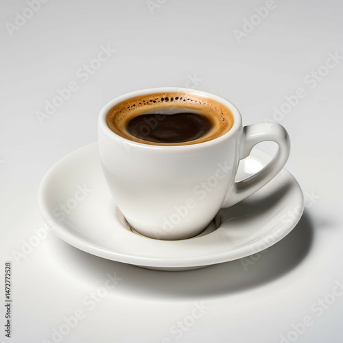 One espresso shot in a small white cup, on a matching saucer, isolated on white.