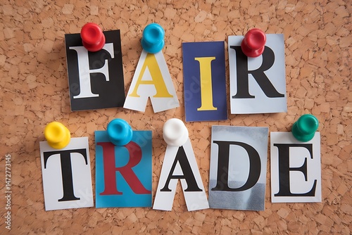 Fair Trade Message Crafted from Magazine Cutouts on Corkboard