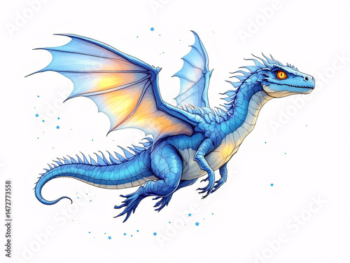 A vibrant illustration of a flying dragon with blue, orange, and yellow colors.