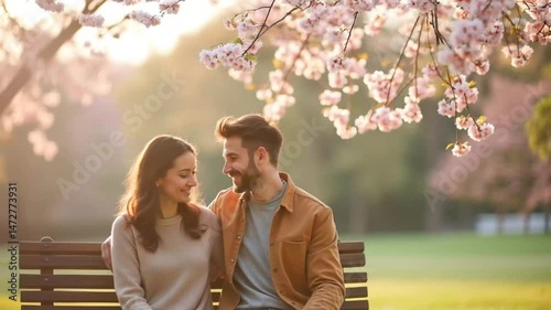 Spring romance blooms in a park with a couple enjoying a sunny day under cherry blossoms