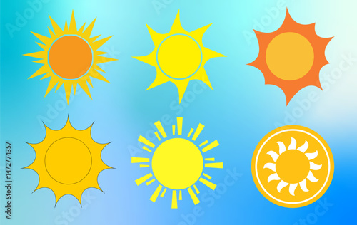 Sun in orange yellow colors with rays on blue gradient background