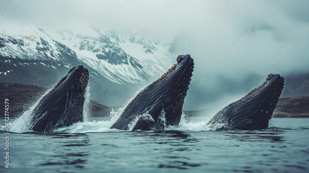 Fototapeta premium Majestic humpback whales breaching in a frigid ocean scene.