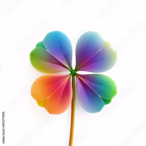 A four-leaf clover with iridescent colors on a white background.