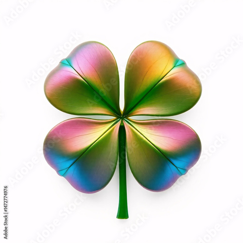 A four-leaf clover with iridescent colors on a white background.