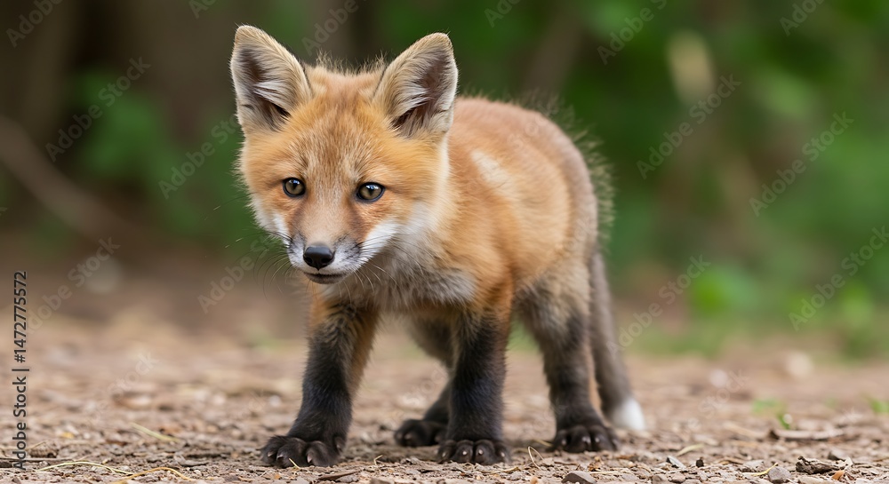 Adorable red fox cub (Vulpes vulpes kit) with fluffy reddish-orange fur, dark inquisitive eyes, and characteristic black Adorable red fox cub (Vulpes vulpes kit) with fluffy reddish-orange fur, dark inquisitive eyes, and characteristic black
