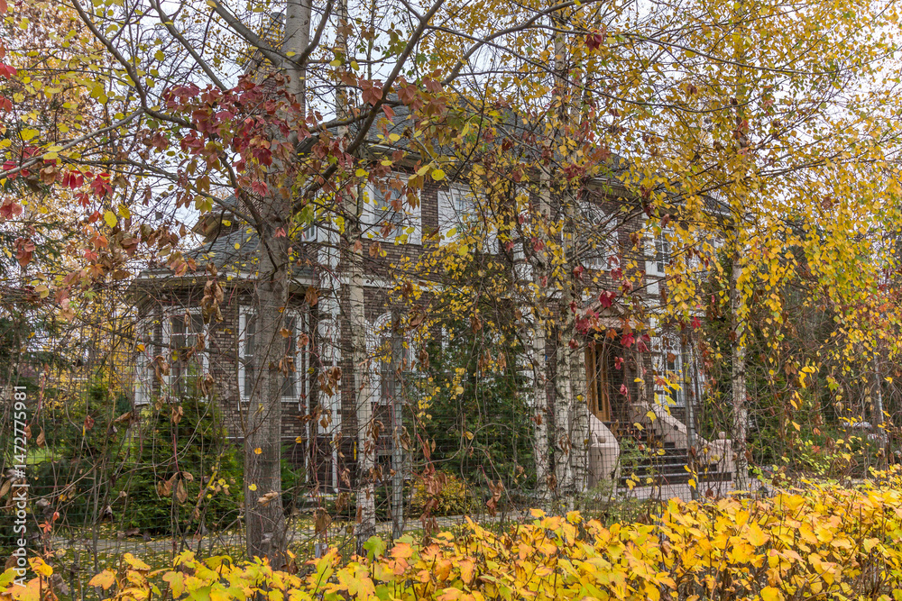 Naklejka premium A private house surrounded by trees in the decoration of golden autumn. An atmosphere of calm.