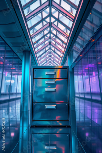 Modern office with glass walls and a filing cabinet in a contemporary setting.