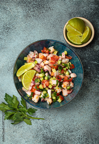 Fresh and vibrant peruvian seafood ceviche with shrimps, octopus, tomatoes, cucumber and parsley, served with lime in a bowl on a stone background from above, dish of Peru