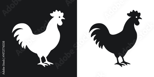 Monochrome illustration of a rooster silhouette depicted in two contrasting color schemes for designs