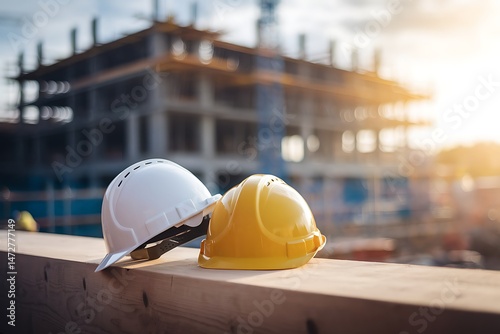 Two Construction Hard Hats Resting on Wooden Beam at Construction Site photo
